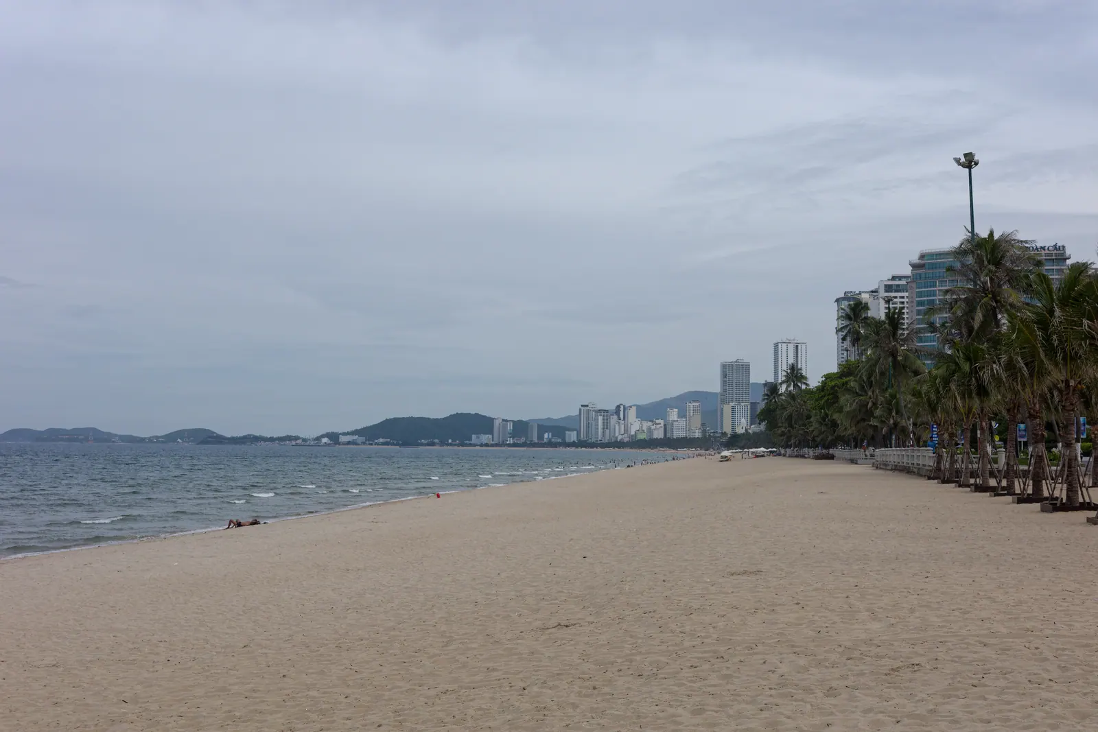 Nha Trang beach: the curving city shoreline with palms and high-rises behind.
